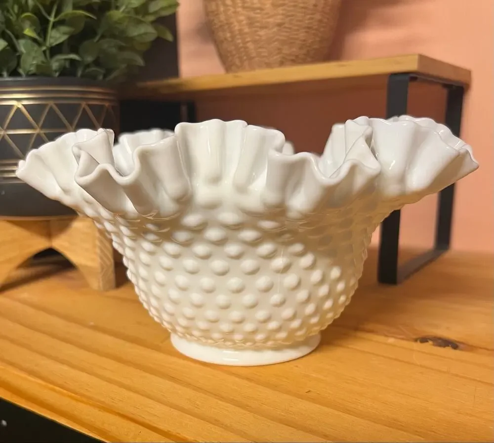 Vintage Fenton Hobnail 9” Double Crimped Top Bowl